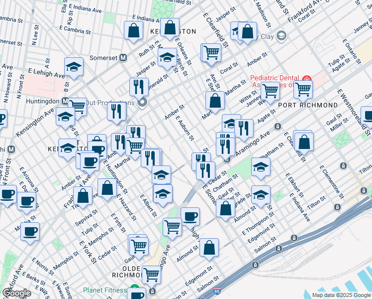 map of restaurants, bars, coffee shops, grocery stores, and more near 2201 East Somerset Street in Philadelphia