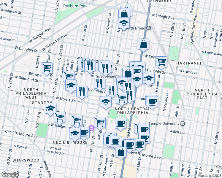map of restaurants, bars, coffee shops, grocery stores, and more near 1611 West Diamond street in Philadelphia