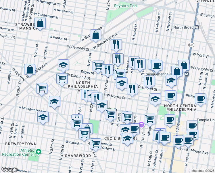map of restaurants, bars, coffee shops, grocery stores, and more near 2031 North 21st Street in Philadelphia