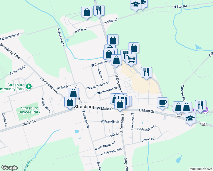 map of restaurants, bars, coffee shops, grocery stores, and more near 19 Pleasant View Drive in Strasburg