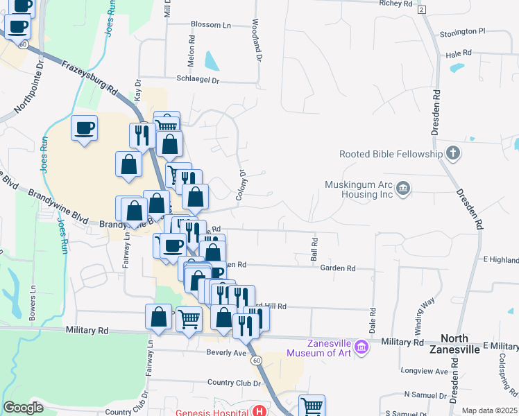 map of restaurants, bars, coffee shops, grocery stores, and more near 1167 Brandywine Boulevard in Zanesville
