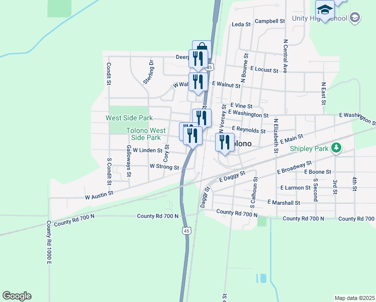 map of restaurants, bars, coffee shops, grocery stores, and more near 101 North Long Street in Tolono