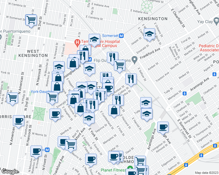 map of restaurants, bars, coffee shops, grocery stores, and more near 2041 East Huntingdon Street in Philadelphia