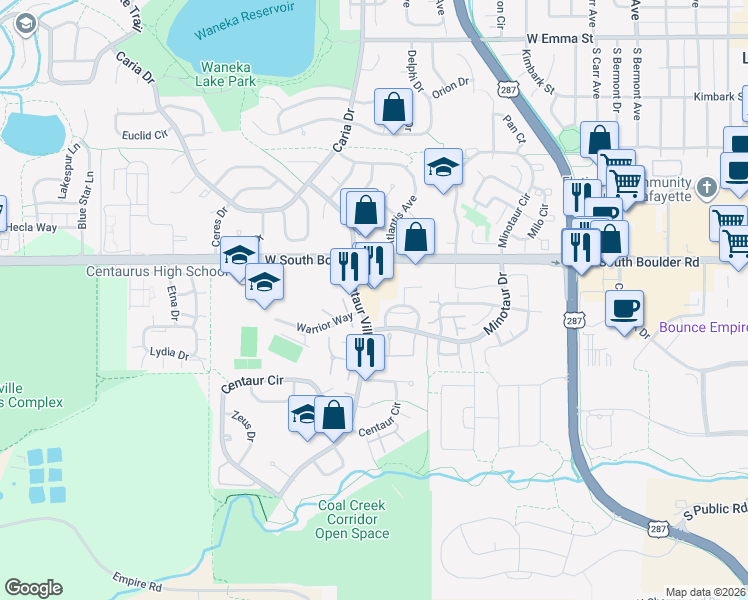map of restaurants, bars, coffee shops, grocery stores, and more near 1310 Centaur Village Drive in Lafayette