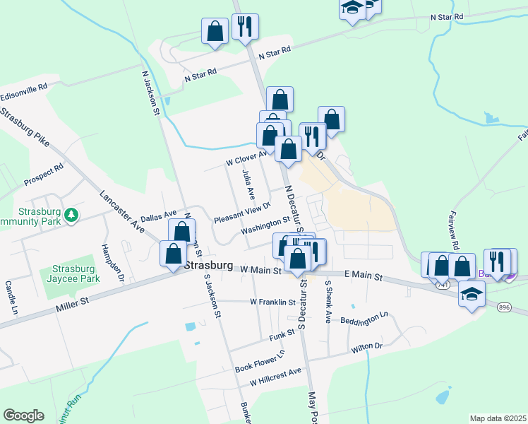 map of restaurants, bars, coffee shops, grocery stores, and more near 19 Pleasant View Drive in Strasburg
