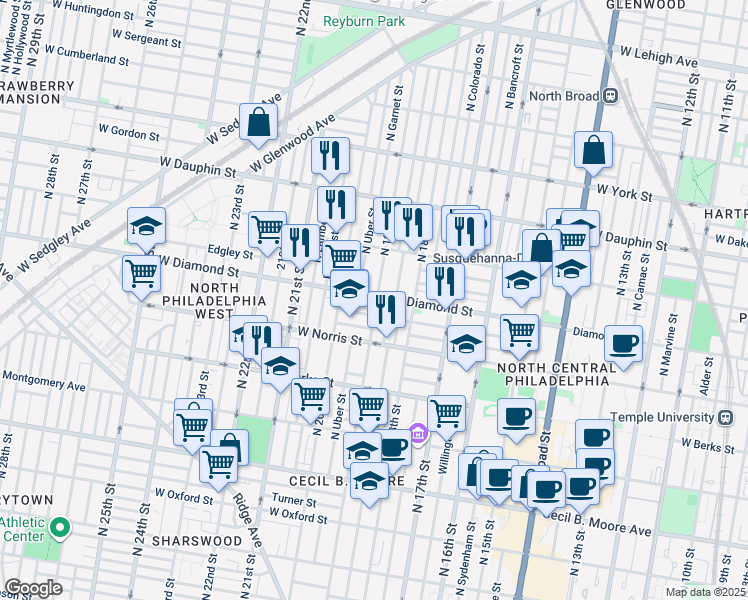 map of restaurants, bars, coffee shops, grocery stores, and more near 1904 West Diamond street in Philadelphia
