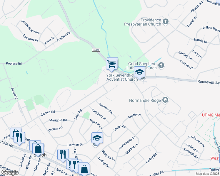 map of restaurants, bars, coffee shops, grocery stores, and more near 1549 Lilac Road in York