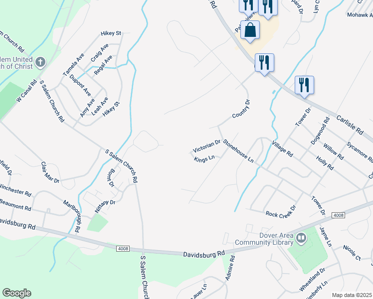 map of restaurants, bars, coffee shops, grocery stores, and more near 2633 Victorian Drive in Dover