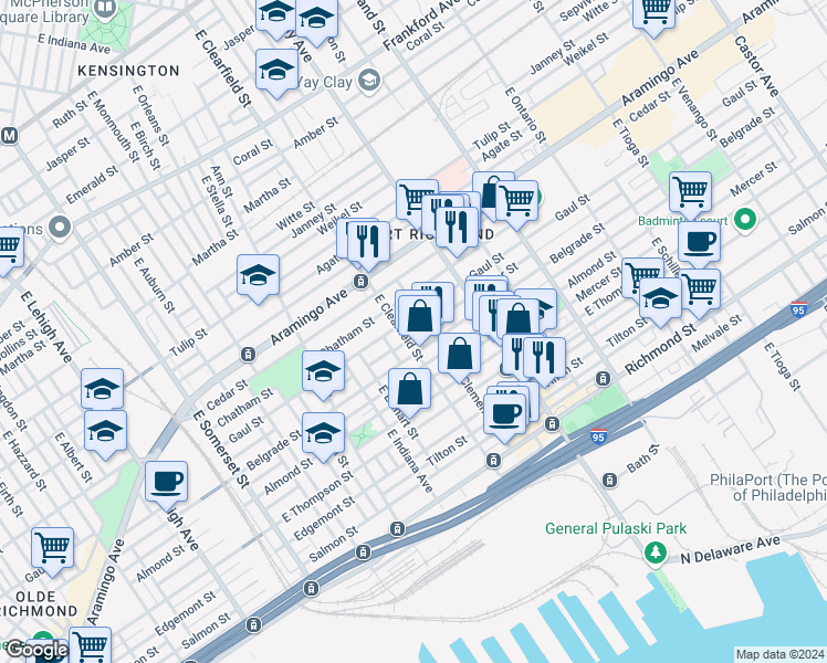 map of restaurants, bars, coffee shops, grocery stores, and more near 3104 Miller Street in Philadelphia