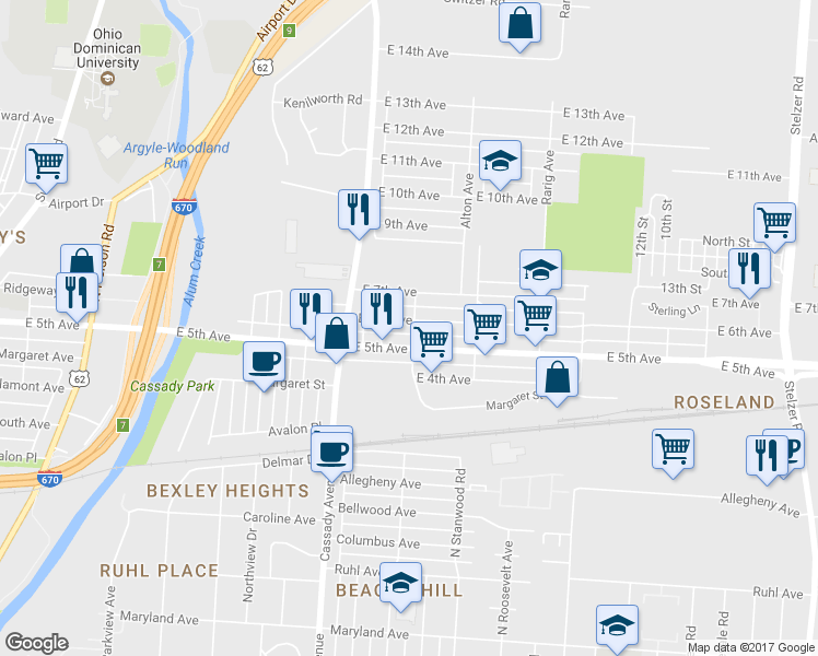 map of restaurants, bars, coffee shops, grocery stores, and more near 2807 E 6th Ave in Columbus