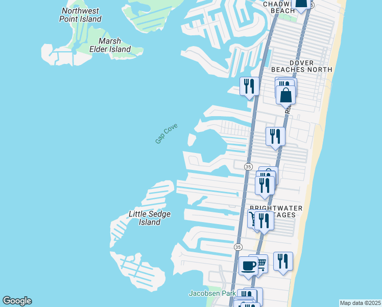 map of restaurants, bars, coffee shops, grocery stores, and more near 283 Monterey Circle in Lavallette