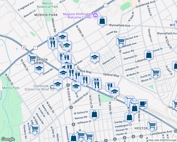 map of restaurants, bars, coffee shops, grocery stores, and more near 2201 North Salford Street in Philadelphia