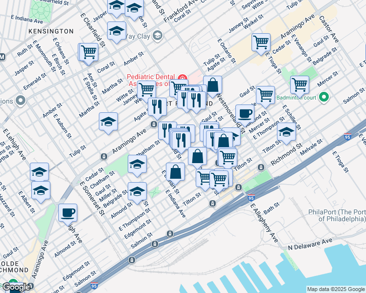 map of restaurants, bars, coffee shops, grocery stores, and more near 3125 Miller Street in Philadelphia