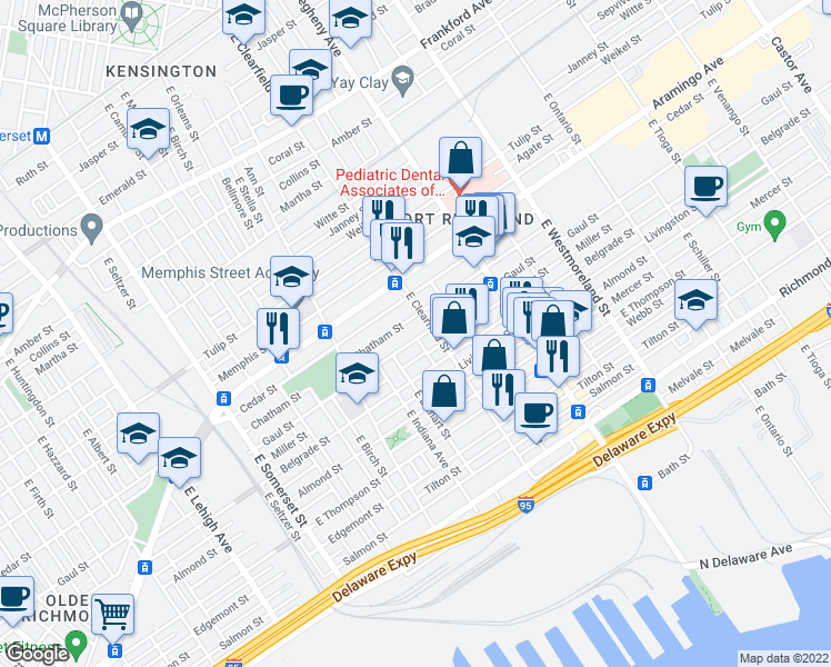 map of restaurants, bars, coffee shops, grocery stores, and more near 3060 Gaul Street in Philadelphia