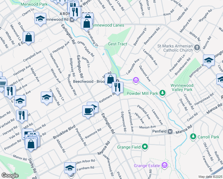 map of restaurants, bars, coffee shops, grocery stores, and more near 559 Strathmore Road in Havertown