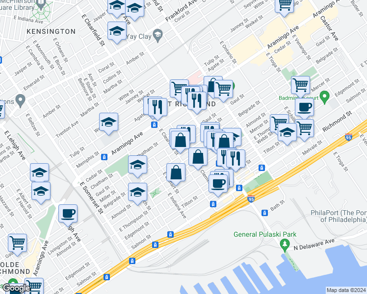 map of restaurants, bars, coffee shops, grocery stores, and more near 3125 Miller Street in Philadelphia