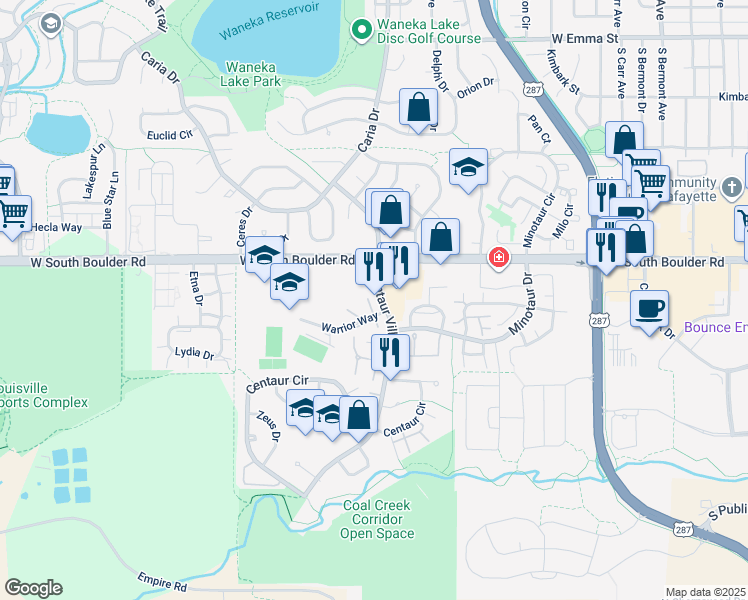map of restaurants, bars, coffee shops, grocery stores, and more near 1205 Warrior Way in Lafayette