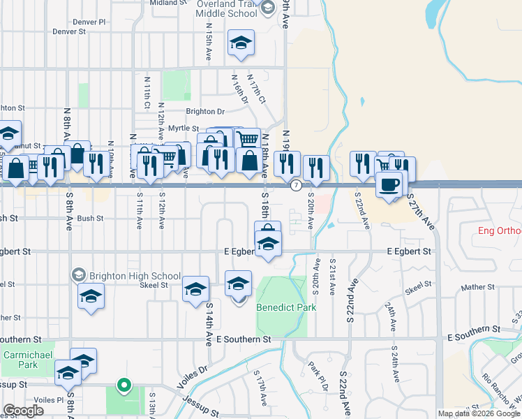 map of restaurants, bars, coffee shops, grocery stores, and more near 73 South 18th Avenue in Brighton