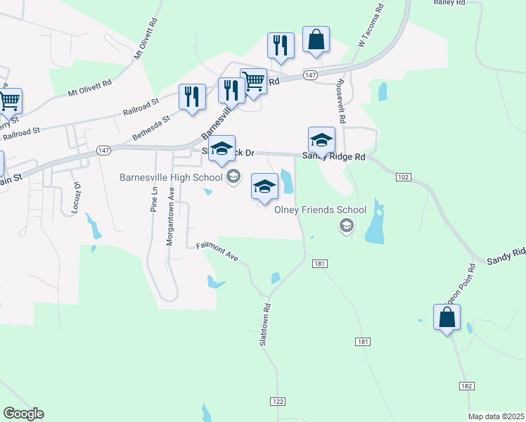map of restaurants, bars, coffee shops, grocery stores, and more near 970 Shamrock Drive in Barnesville