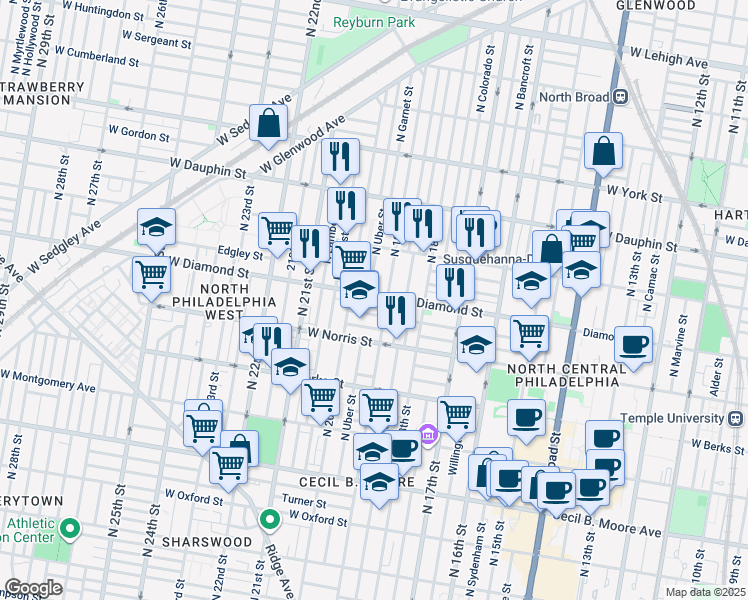 map of restaurants, bars, coffee shops, grocery stores, and more near 1914 West Diamond street in Philadelphia