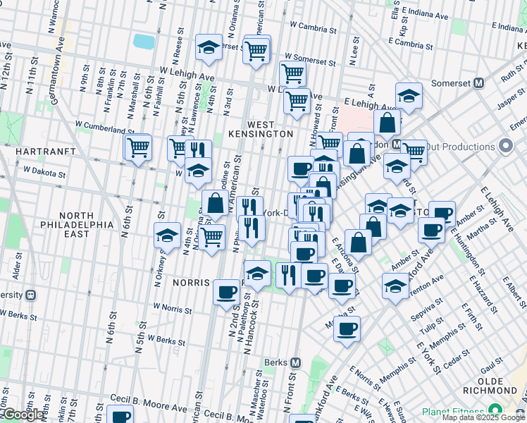 map of restaurants, bars, coffee shops, grocery stores, and more near 2329 North Palethorp Street in Philadelphia