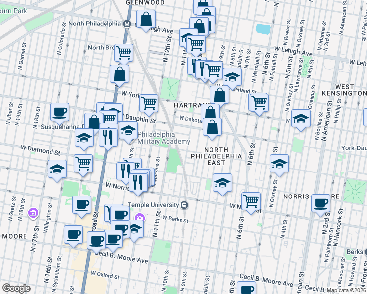 map of restaurants, bars, coffee shops, grocery stores, and more near 1009 West Susquehanna Avenue in Philadelphia