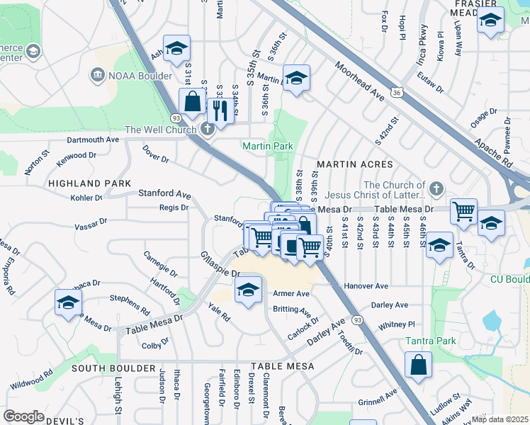 map of restaurants, bars, coffee shops, grocery stores, and more near 505 Harvard Lane in Boulder