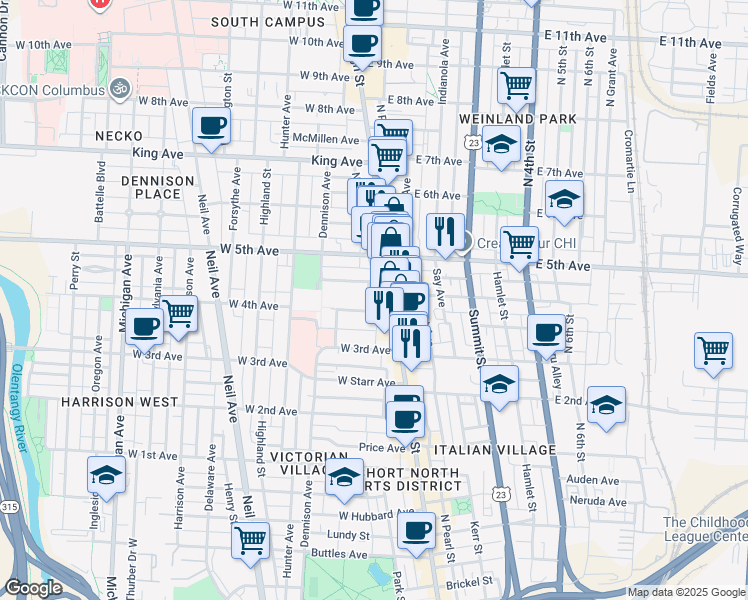 map of restaurants, bars, coffee shops, grocery stores, and more near 1139 North High Street in Columbus