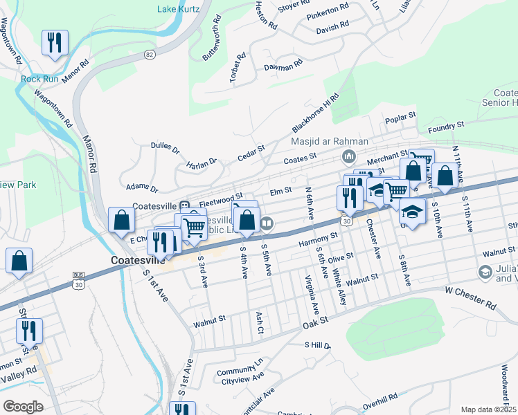 map of restaurants, bars, coffee shops, grocery stores, and more near 101 North 5th Avenue in Coatesville