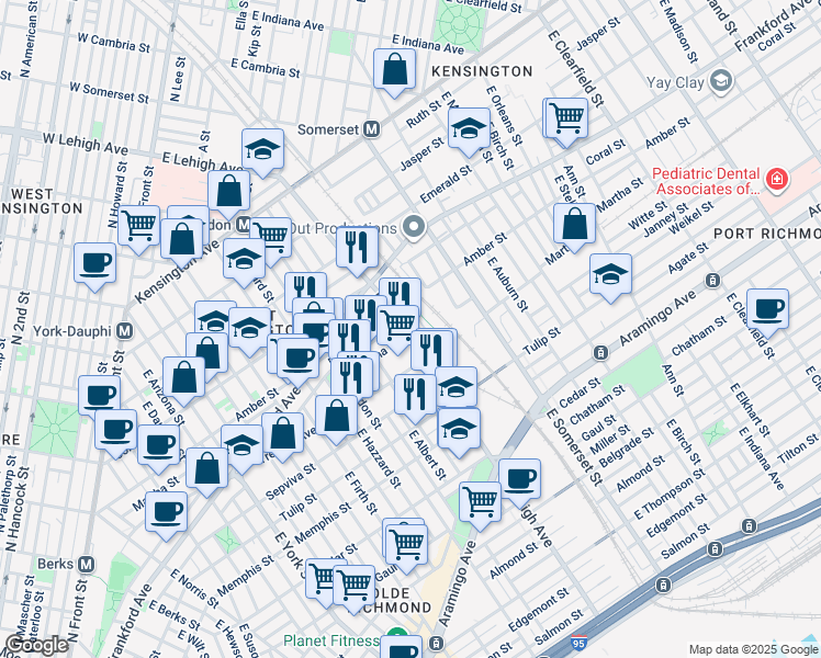 map of restaurants, bars, coffee shops, grocery stores, and more near 2121 East Lehigh Avenue in Philadelphia