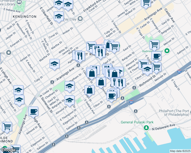 map of restaurants, bars, coffee shops, grocery stores, and more near 3130 Belgrade Street in Philadelphia