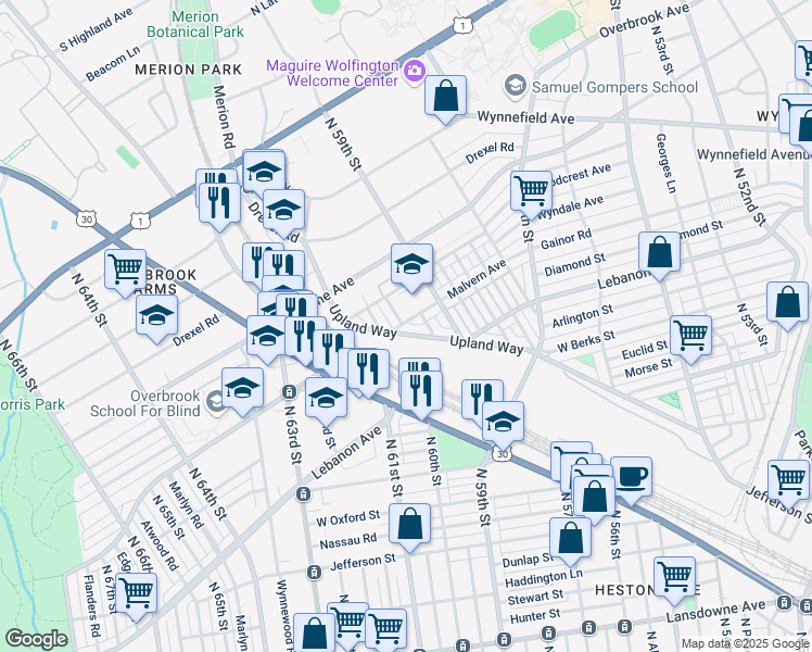 map of restaurants, bars, coffee shops, grocery stores, and more near 5945 Upland Way in Philadelphia