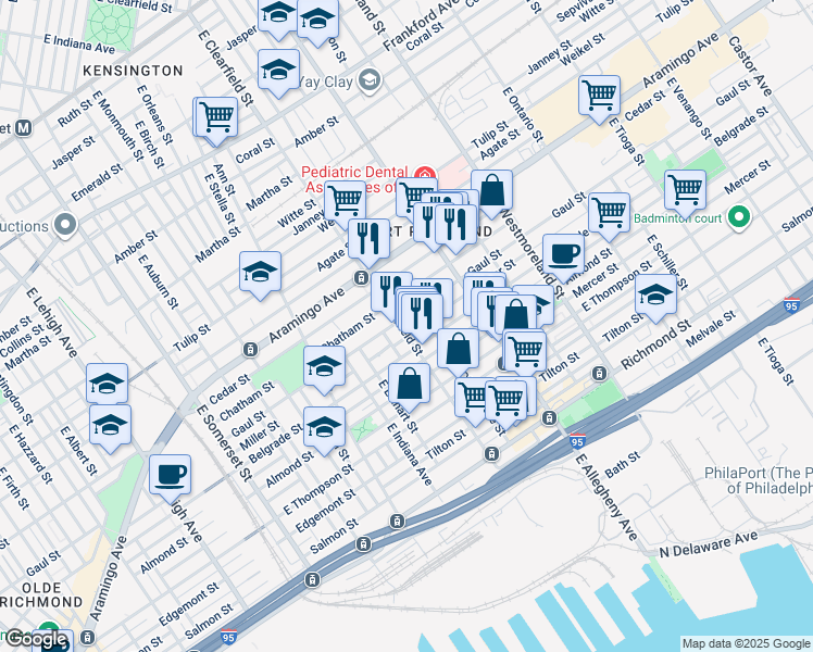 map of restaurants, bars, coffee shops, grocery stores, and more near 2509 East Clearfield Street in Philadelphia