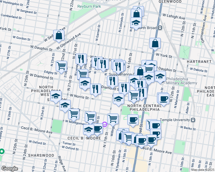 map of restaurants, bars, coffee shops, grocery stores, and more near 1731 Diamond Street in Philadelphia