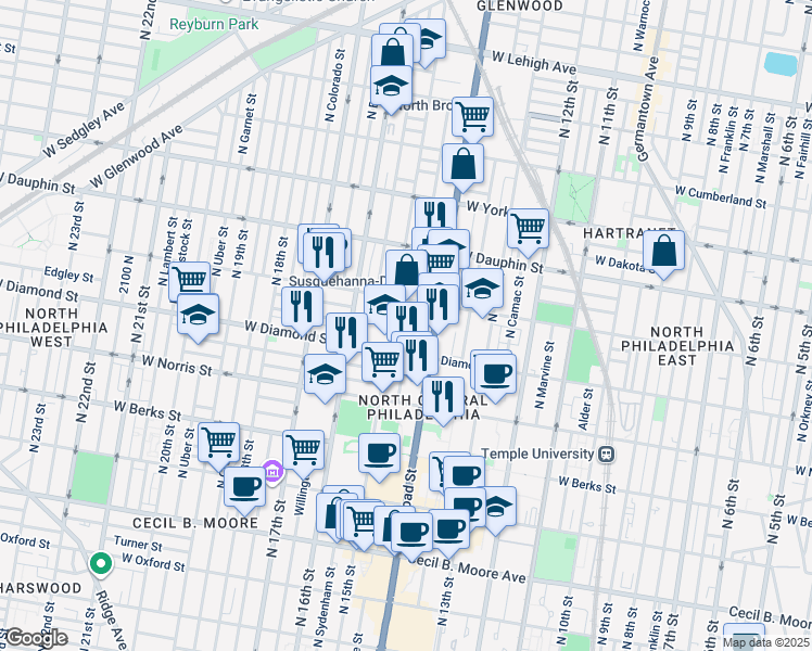 map of restaurants, bars, coffee shops, grocery stores, and more near 2134 North Carlisle Street in Philadelphia
