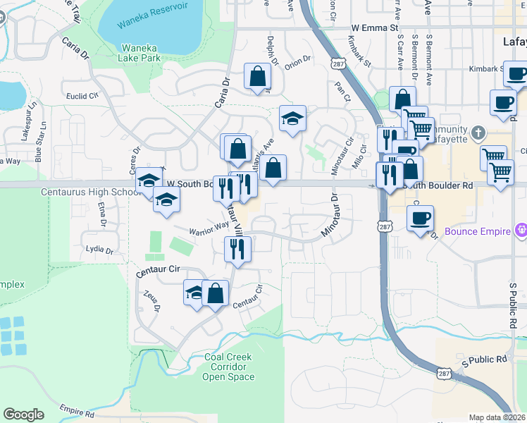map of restaurants, bars, coffee shops, grocery stores, and more near 1161 James Court in Lafayette