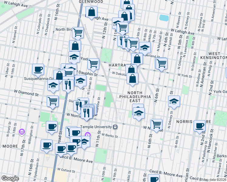 map of restaurants, bars, coffee shops, grocery stores, and more near 1040 West Susquehanna Avenue in Philadelphia