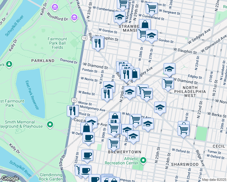 map of restaurants, bars, coffee shops, grocery stores, and more near 1932 North Myrtlewood Street in Philadelphia