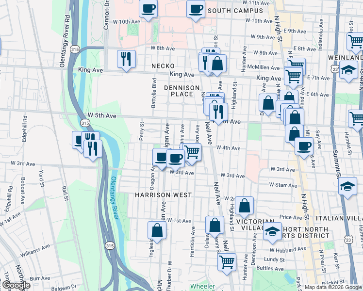 map of restaurants, bars, coffee shops, grocery stores, and more near Pennsylvania Ave & W 4th Ave in Columbus
