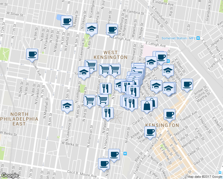 map of restaurants, bars, coffee shops, grocery stores, and more near 2317 North Palethorp Street in Philadelphia