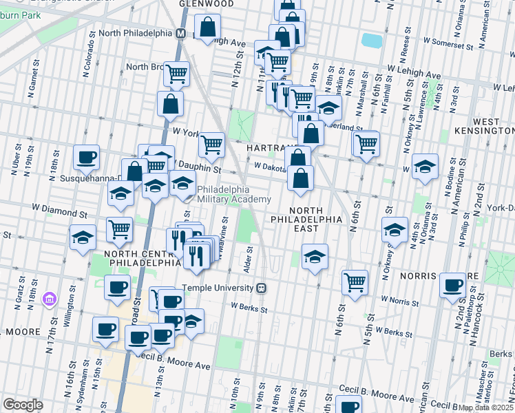map of restaurants, bars, coffee shops, grocery stores, and more near 1015 West Susquehanna Avenue in Philadelphia