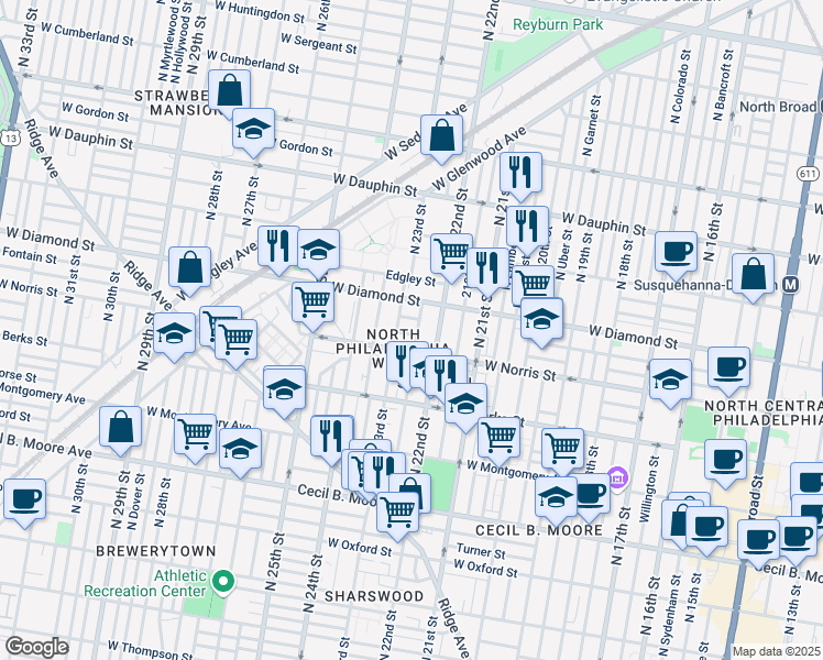 map of restaurants, bars, coffee shops, grocery stores, and more near 2225 Page Street in Philadelphia