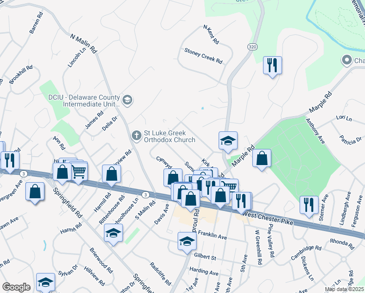 map of restaurants, bars, coffee shops, grocery stores, and more near 2642 Kirk Avenue in Broomall