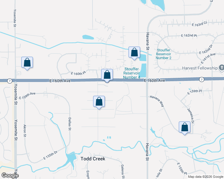 map of restaurants, bars, coffee shops, grocery stores, and more near 10089 East 159th Place in Brighton