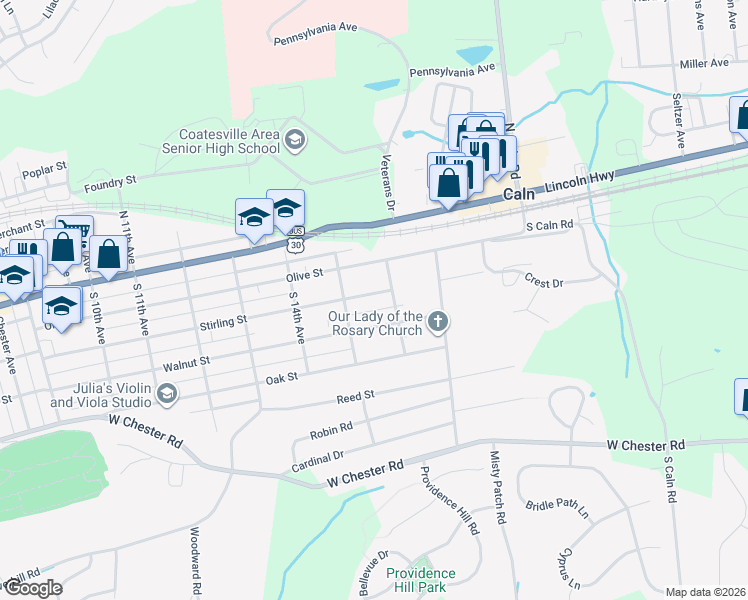 map of restaurants, bars, coffee shops, grocery stores, and more near 1512 Stirling Street in Coatesville