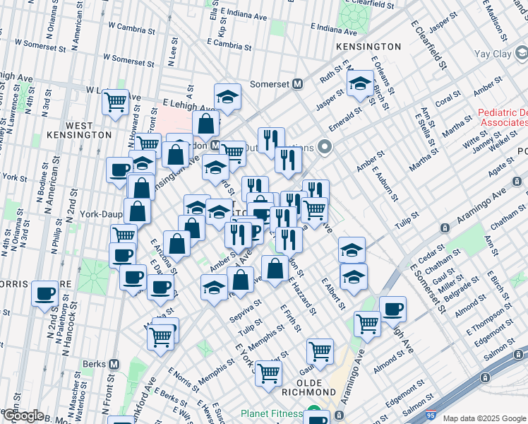 map of restaurants, bars, coffee shops, grocery stores, and more near 2039 E Huntingdon St in Philadelphia