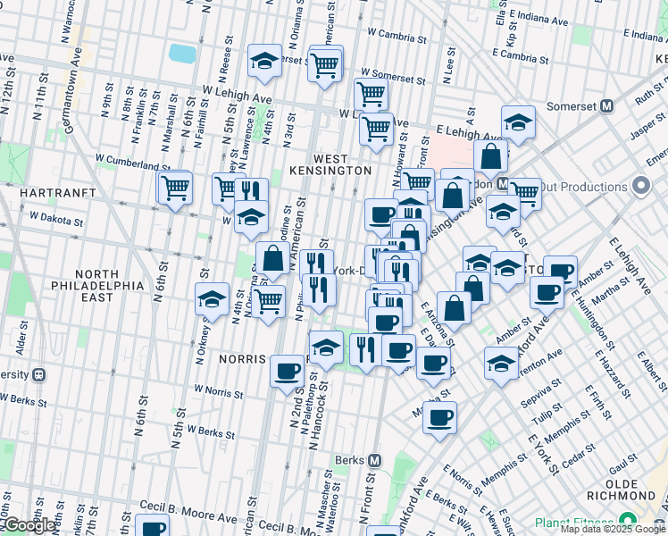 map of restaurants, bars, coffee shops, grocery stores, and more near 2317 North Palethorp Street in Philadelphia