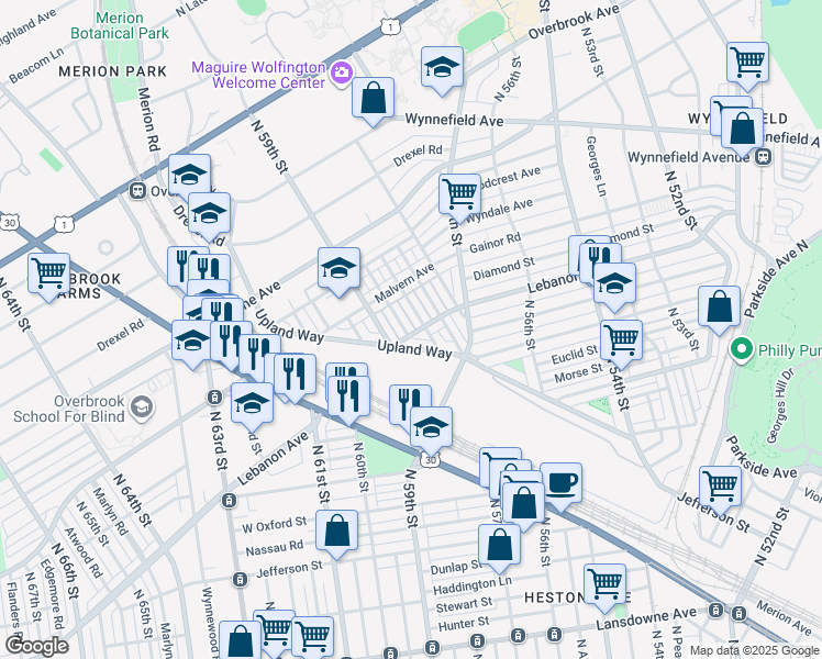 map of restaurants, bars, coffee shops, grocery stores, and more near 2105 North 59th Street in Philadelphia