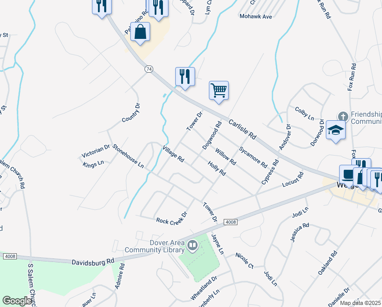 map of restaurants, bars, coffee shops, grocery stores, and more near 3620 Holly Road in Dover