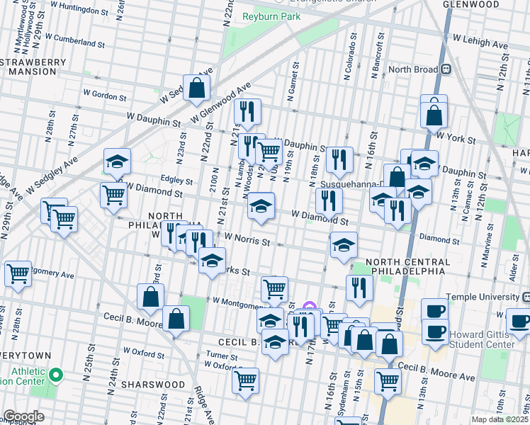 map of restaurants, bars, coffee shops, grocery stores, and more near 1928 Diamond Street in Philadelphia